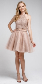 Dazzling Embroidered Two Piece Halter Short Prom Dress #a916s