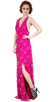 Silver Beaded Plunging V-Neck Column Gown with High Slit. 10178.