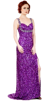 Broad Straps Front Slit Sequined Long Prom Dress. 10237.
