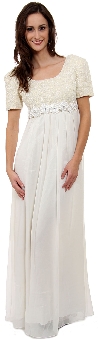 Floral Waistline Detail Short Sleeved Long Formal Gown. 1148.
