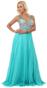 V-Neck Bejeweled Mesh Top Floor Length Formal Prom Dress. 16116.