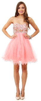 Strapless Beaded Bust Mesh Short Party Prom Dress. 16300.
