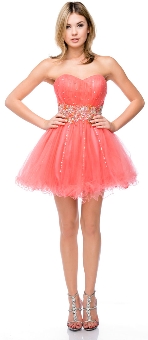 Strapless Beaded Waist Short Tulle Party Prom Dress. 16302.