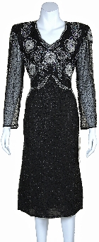 Tea Length Floral Beaded Dress with Keyhole Back. 2929.
