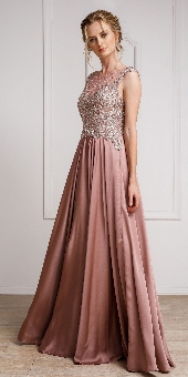 Embellished Sheer Top Long Prom Pageant Satin Dress. a238.