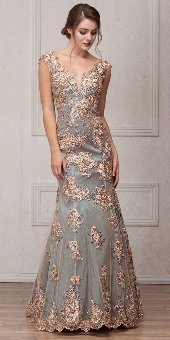 V-Neck Floral Embellishments Mesh Long Prom Pageant Dress. a766.