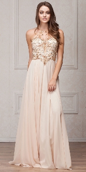 Mesh Beaded Bodice Long Chiffon Formal Evening Dress. a775.