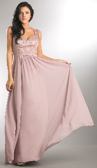 V-Neck Lace Top Empire Cut Long Bridesmaid Dress. a816.