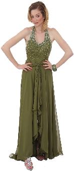 Beaded Halter Formal Prom Dress with Shirrs and Ruffles. c27268.