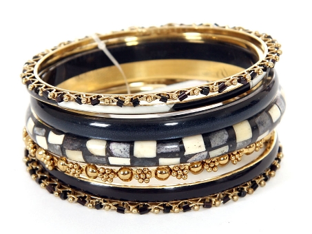 Set of 7 Piece Black/Ivory Colored Bangle Bracelets. pob-04452.