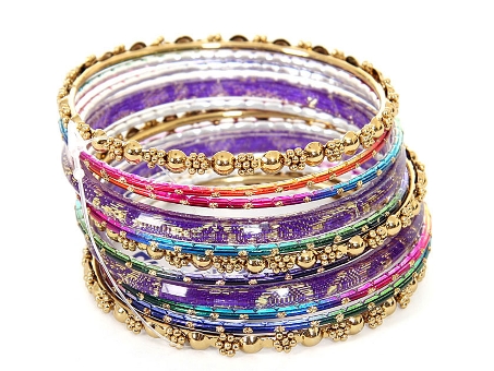 Set of 11 Purple/Gold Bangles Bracelets. pob-1880.