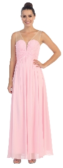 V-Neck Mesh Shoulders Shirred Bust Long Bridesmaid Dress. sl6094.