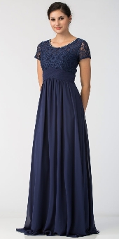 Floral Lace Top Short Sleeves Long Bridesmaid MOB Dress. sl6157.