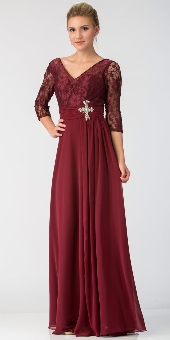 V-Neck Sheer Sleeves Floral Lace Bust Long Formal MOB Dress. sl6164.