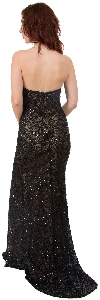 Black Sequin Lace Strapless Sheath Gown with Slit back