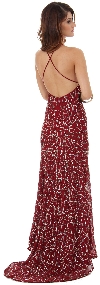 Halter Neck Sequined Long Formal Prom Dress with Train back in Burgundy