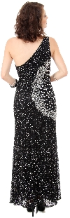 Long Sequined Formal Prom Dress with Rhinestones Waist back in Black/Silver