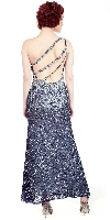 One Shoulder Sparkling Beads & Sequins Long Prom Dress back in Navy/Silver