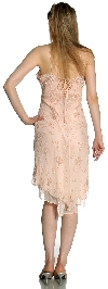 Knee Length Beaded Cocktail Party Dress with Asymmetric Hem back in Peach