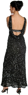 Studded Empress Formal Prom Dress with Shirred Bust in Black/Silver back view