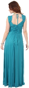 V-Neck Long Formal Dress with Cap Sleeves & Front Slit back in Jade Green
