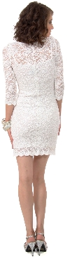 Floral Pattern Lace Short Party Dress with 3/4 Sleeves back in Ivory