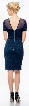 Short Sleeves Form Fitting Short Formal Party Dress in Lace back in Navy