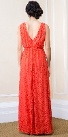 Floral Lace V-Neck Gathered Long Formal Evening Dress back