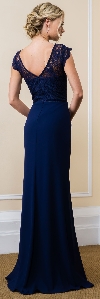 Lace Bodice Bejeweled Waist Long Formal Evening Dress back