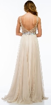 V-Neck Bejeweled Mesh Top Floor Length Formal Prom Dress back in Beige