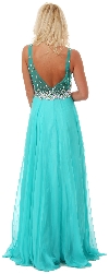 V-Neck Bejeweled Mesh Top Floor Length Formal Prom Dress back