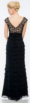 V-Neck Tiered Long Formal Prom Dress with Lace on Bust back in Black