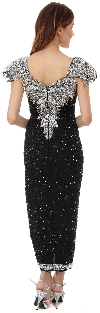 Tea Length Formal Cocktail Beaded Dress with Cap Sleeves back