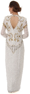 V-Neck Full Sleeves Beaded Formal Gown with Keyhole Back back