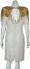 Knee Length Half Sleeves Beaded Cocktail Dress with Keyhole back in Ivory/Gold
