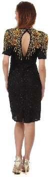 Knee Length Half Sleeves Beaded Cocktail Dress with Keyhole back