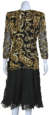 Tea Length Mother of the Bride Sequined Formal Dress back in Black/Gold