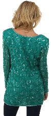 Round Neck Leaves Sequined Pattern Long Blouse  back