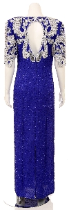 Half Sleeves v-Neck Long Beaded Evening Gown with Keyhole back in Royal Blue/White
