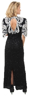 Half Sleeves v-Neck Long Beaded Evening Gown with Keyhole back