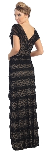 V-Neck Cap Sleeves Tiered Lace Long Formal Evening Dress back in Black/Nude