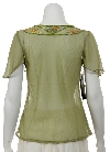 V-neck Short Sheer blouse with Sleeves back in Olive/Orange