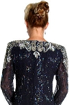 Full Sleeves Tea Length Silk Sequined Formal Dress with Slit back in Navy/Silver