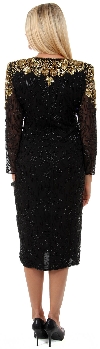 Full Sleeves Tea Length Silk Sequined Formal Dress with Slit back