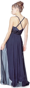 Long Formal Dress with Crossed Back & Beaded Belt  back in Black Nite