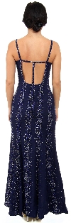 Flared Sequined Prom Dress with Spaghetti Straps back in Navy
