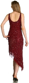 U-Neck Beaded Cocktail Party Dress with Asymmetric Hem  back in Burgundy