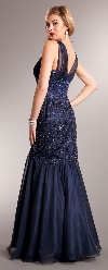 Bejeweled Lace Bodice Mermaid Skirt Long Formal Prom Gown back in Navy