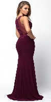 Lace Accent Sheer Waist Long Formal Evening Jersey Dress back in Burgundy