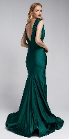 Satin Fitted V Neck Prom Dress Green in Back